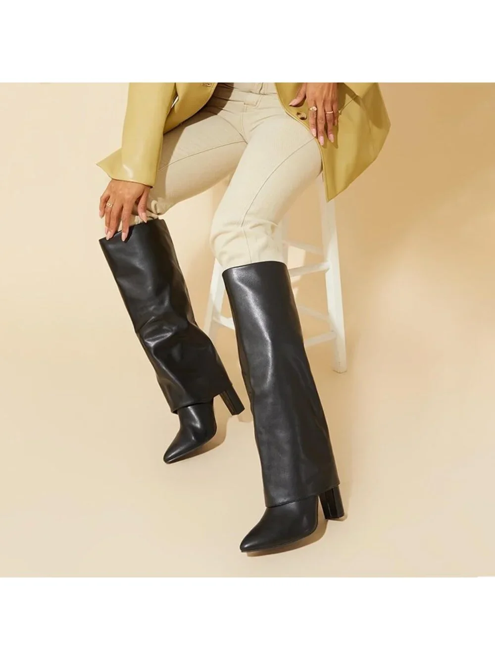 Women's Black Pu Pointed Toe Chunky Heel Faux Leather Over The Knee High Boots